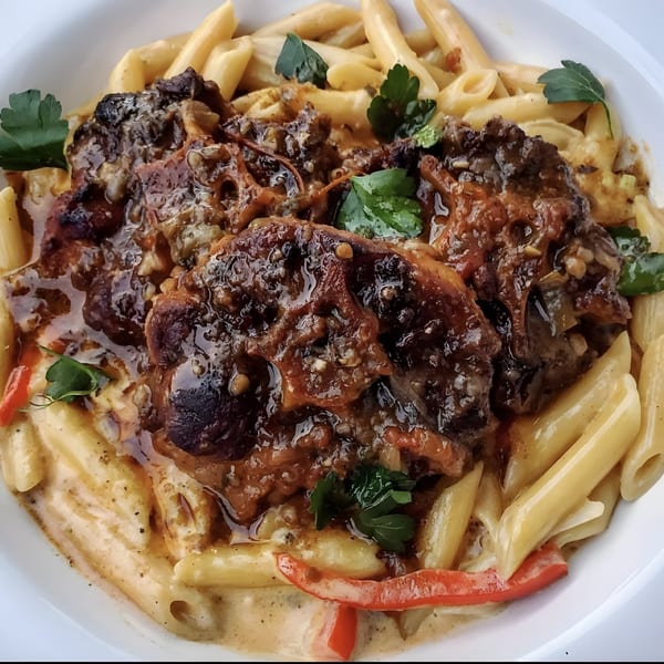 Oxtail pasta with penne, creamy sauce, red peppers, and parsley in a white bowl.